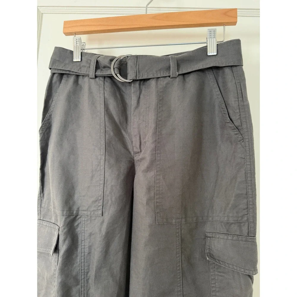 Quince Cotton Linen Twill Cargo Pants M Charcoal Gray Belted Utility Tapered